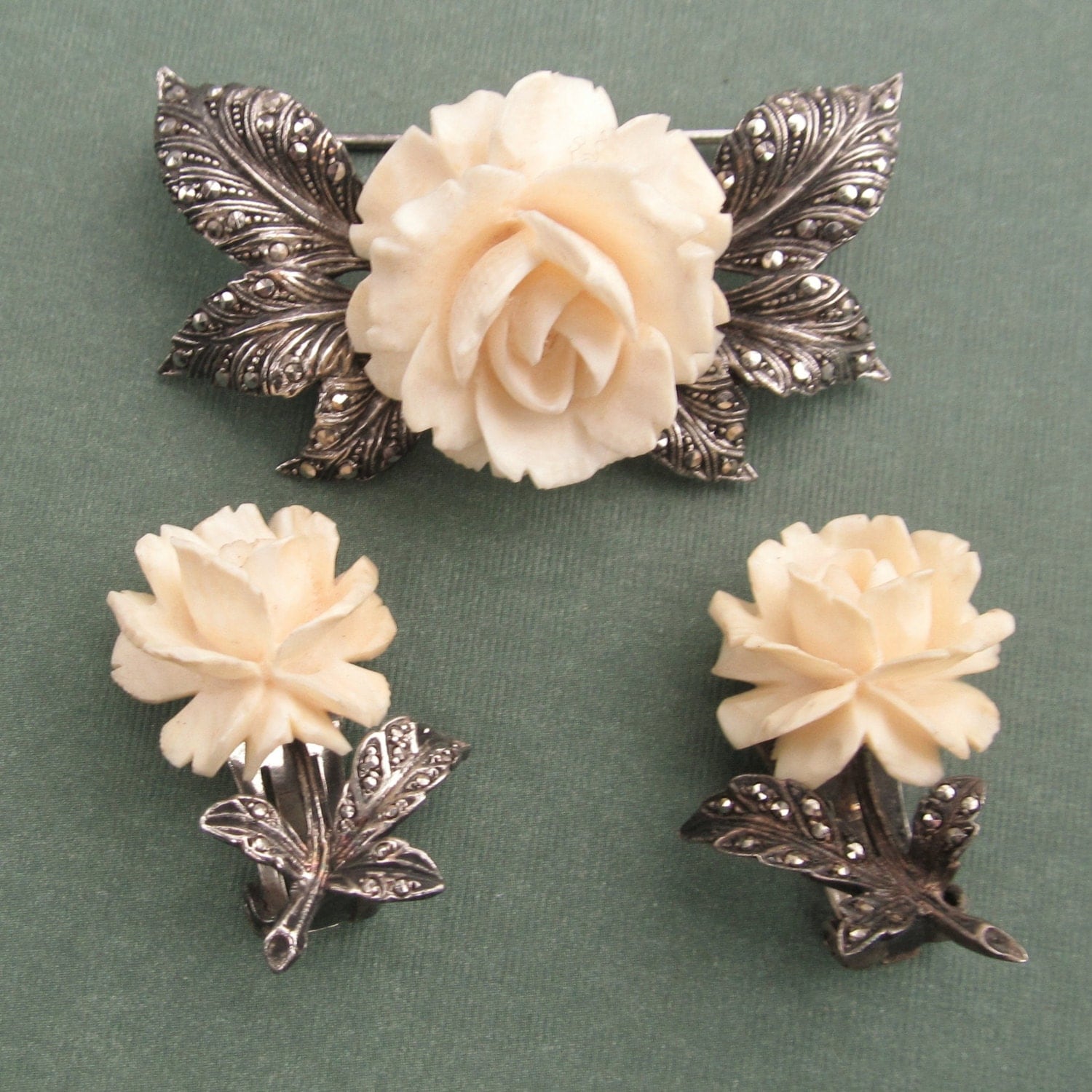 Antique Rose Brooch And Earring Set German Sterling Silver And