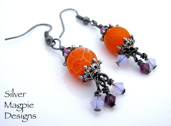 Dangle Earrings Dragon Vein Agate and Swarovski Crystal Orange Violet Lavender Handmade Art Jewelry Gift for Her by Silver Magpie Designs.