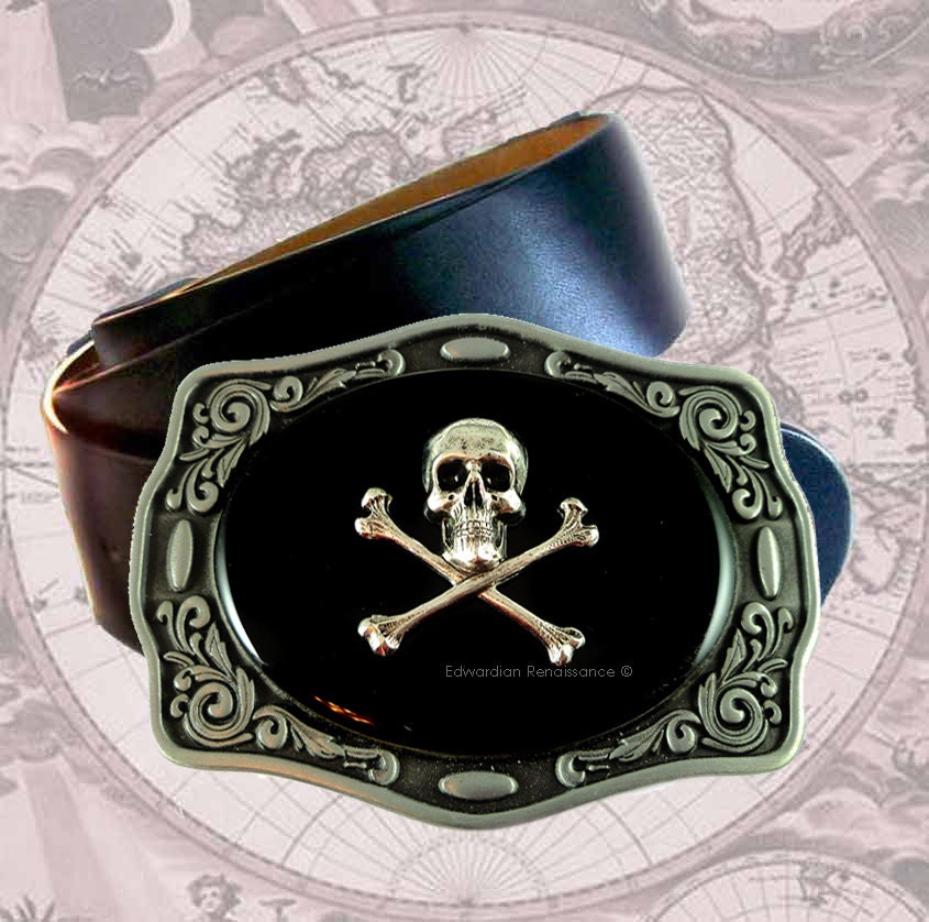 Antique Silver Skull and Crossbones Belt Buckle Inlaid in Hand