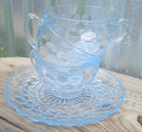 Vintage Blue Glass Tea Cups and Plate Blue Bubble Pattern