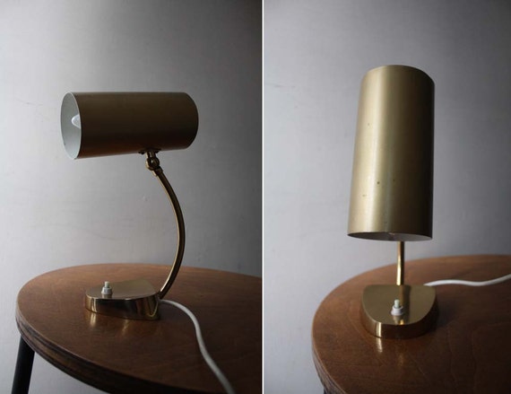 Vintage 1970s Table Lamp. Gold Metal Cylinder Lampshade.