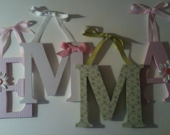 Wooden nursery letters in ,pink, green and white alphabet initials monogram