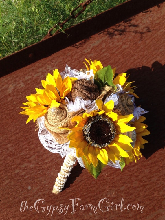 Ready To Ship Burlap Sunflowers And Lace Brides Bouquet 5617