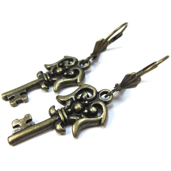 Key Earrings Antique Gold Finish