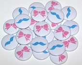Moustache Mustache & Bows Gender Reveal Party Set of 24 Buttons Baby Shower Favor 1" or 1.5" or 2.25" Pin Back Button Pink Blue 1" Magnets