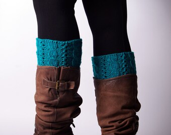 Knitted Boot cuffs, Blue turquoise, Cable knit Boot Cuffs, Leg Warmers, Boot Toppers, Knit Boot Socks, Lace boot cuffs