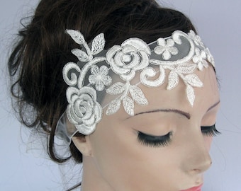 Bridal Headband Fascinator Floral Lacy Tulle Applique Organza Ribbon Romantice Seaside Wedding Handmade