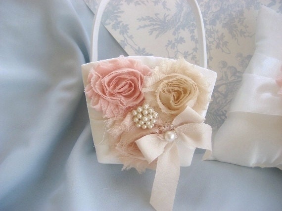 Flower Girl Basket  Peach Rose Blossom Shabby Chic