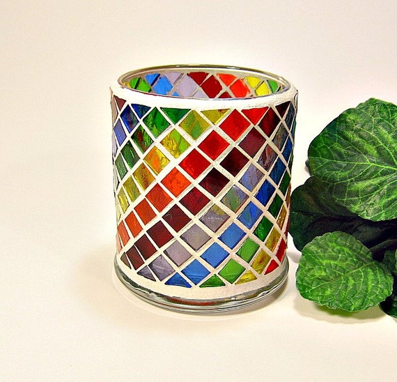 Stained glass mosaic candle holder rainbow by threesisterscandles