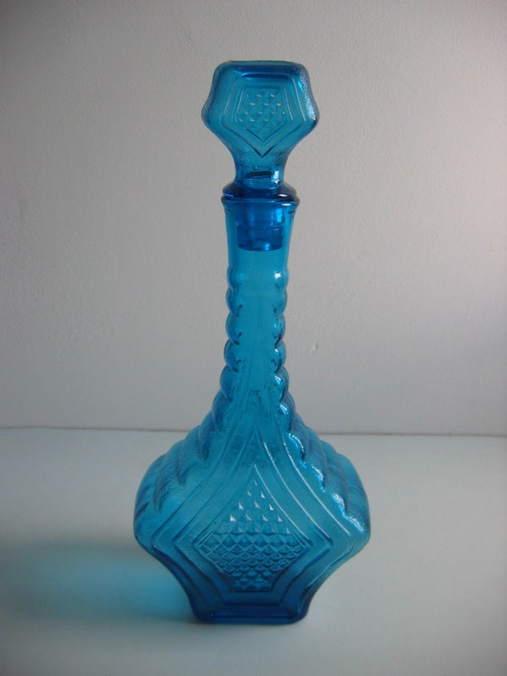 Vintage 1960 Blue Glass Decanter Genie Bottle With Stopper 3293