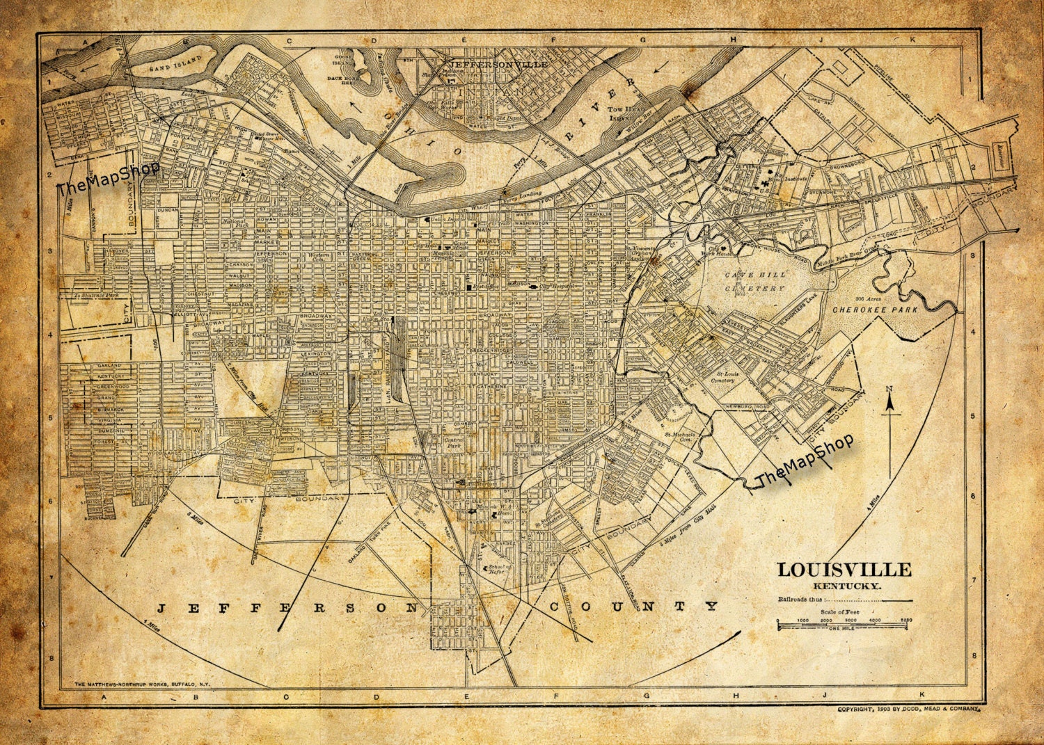 1944 Louisville Kentucky Street Map Vintage Sepia Grunge Print 1169