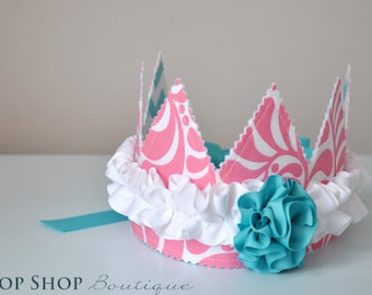 Girls Ruffled Rosette Fabric Crown, Dress up, Birthday Hat, Photo Prop