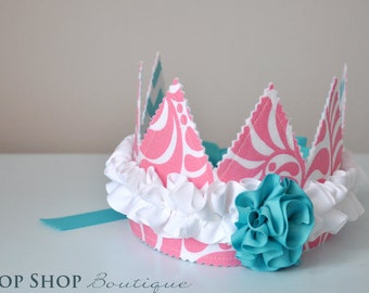 Girls Ruffled Rosette Fabric Crown, Dress up, Birthday Hat, Photo Prop