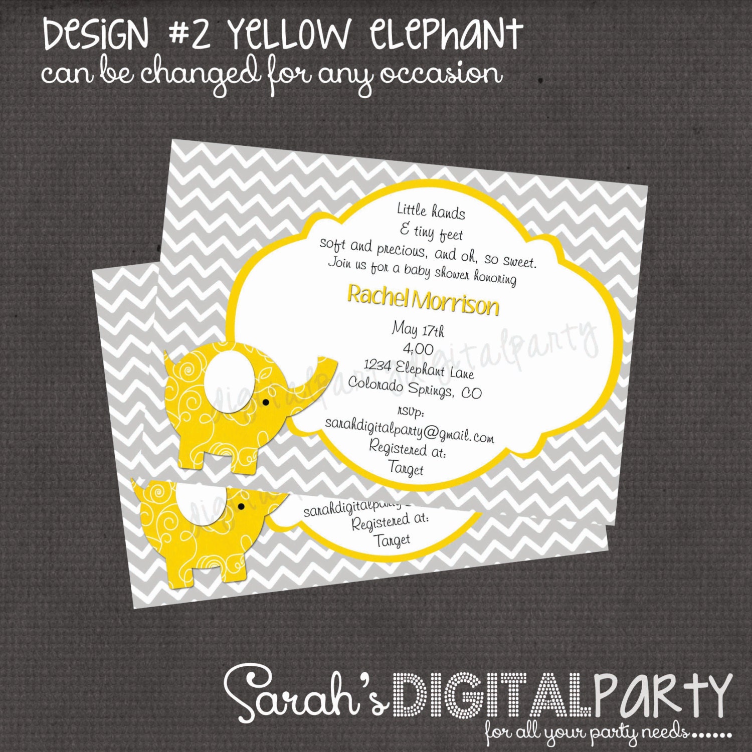 Yellow and Grey Elephant Baby shower Invitation 4x6 or 5x7