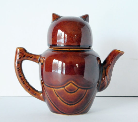 Owl teapot single serve ceramic mid century modern retro