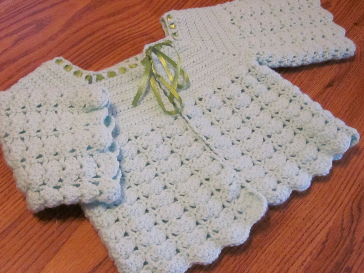 Handmade Pastel Green Baby Crochet Dress Jacket / Sweater