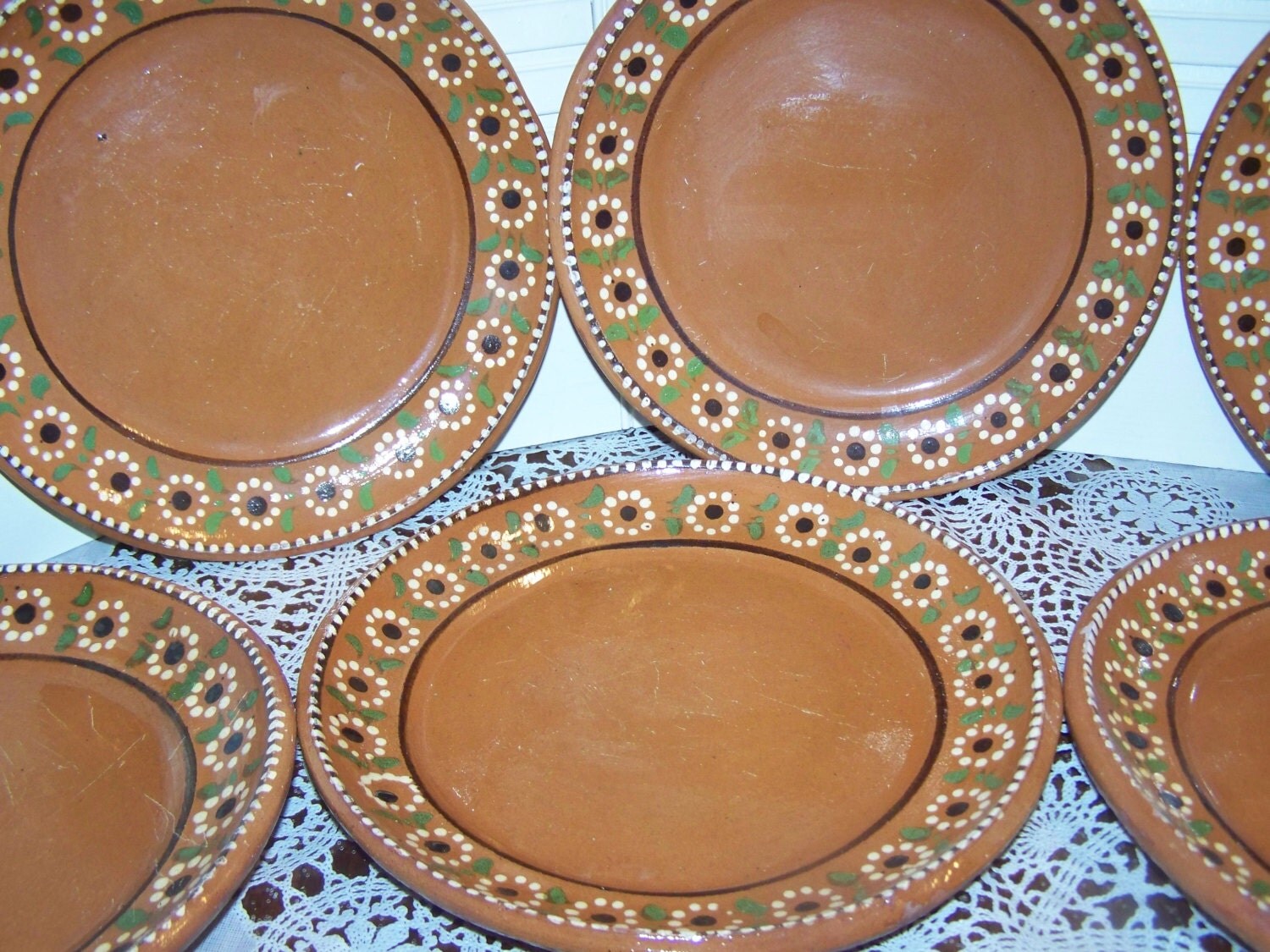 7 Pc Mexican Pottery folk art REDWARE set 6 Plates