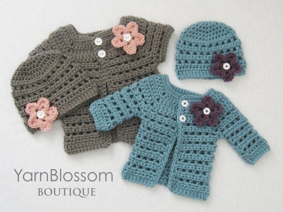 CROCHET PATTERN Baby Girl Mini Miss Cardigan & Beanie (4 sizes included from preemie to 6 months) Instant Download