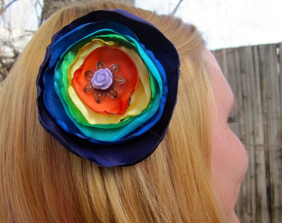 SALE - Large Rainbow Satin Flower Hair Clip with Lavender Rose Center SALE - Large Rainbow Satin Flower Hair Clip with Lavender Rose Center