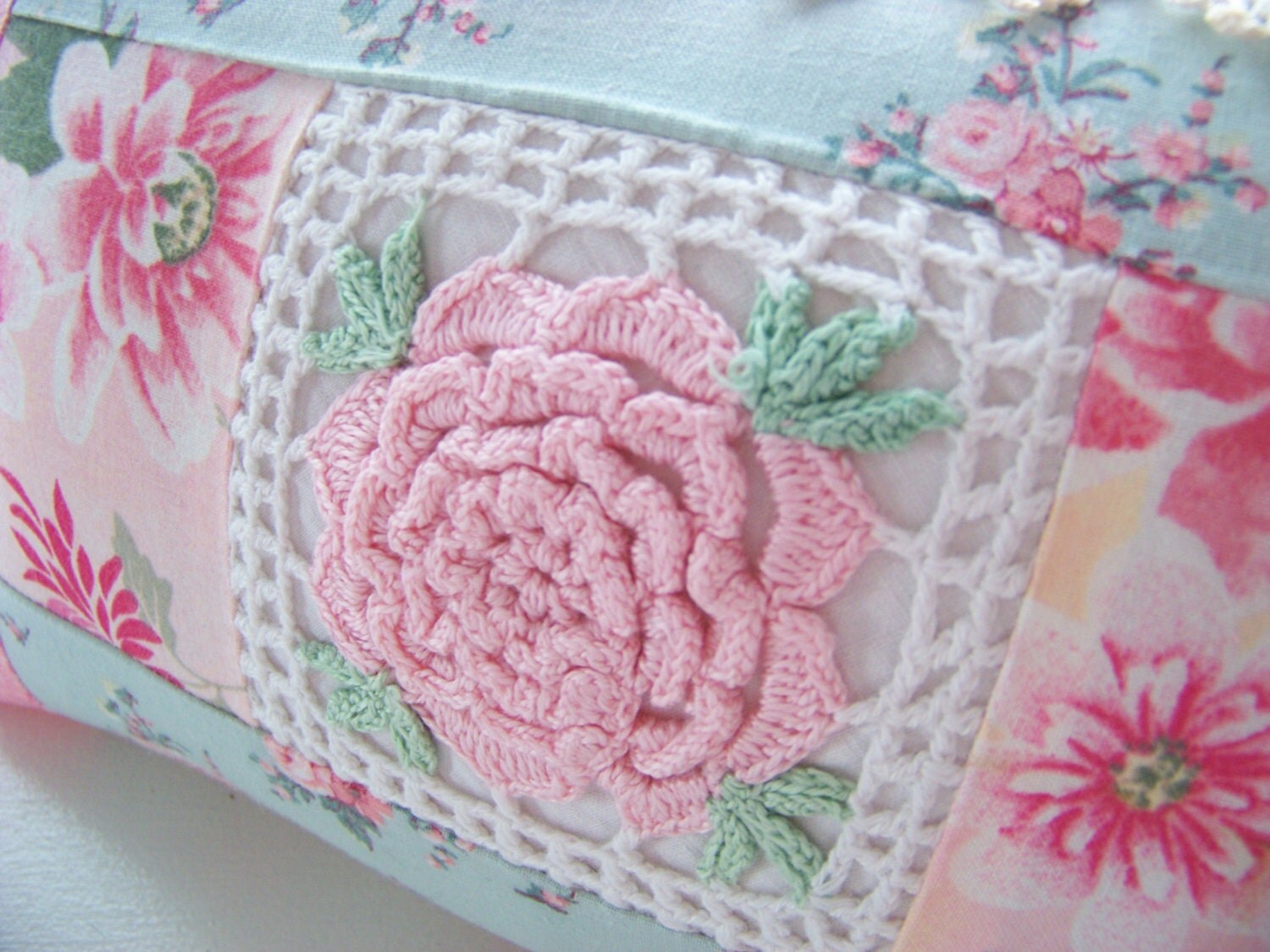 Pink Rose Pillow / Hand Crochet Rose / Cotton Cottage Chic