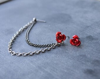 Red Rose Double Chain Cartilage Earring (Pair)
