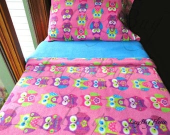 Childrens Bedding Set 'Pink Owls' for Girls Handmade Fleece Sheets Fits Crib and Toddler Beds