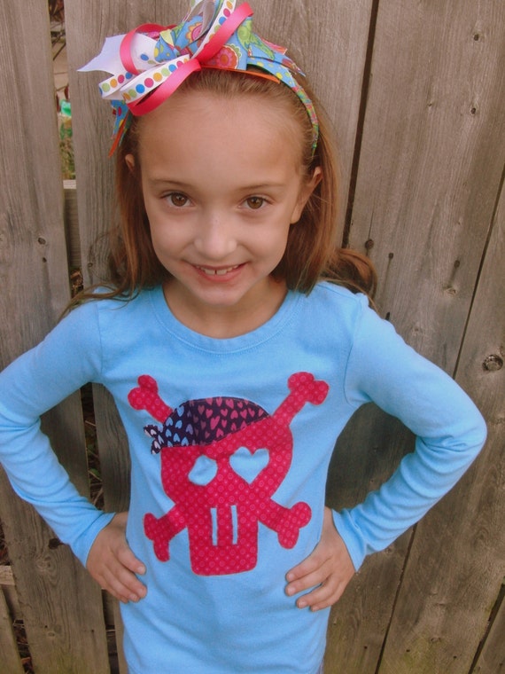 Girl Pirate Love T Shirt - Long Sleeve - Sizes 12m thru 12 - Turquoise and Pink