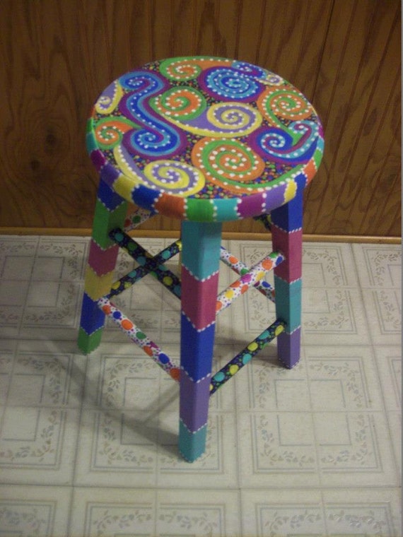 Items similar to Fun-Colorful Hand Painted Wooden Stool on ...