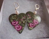 Pink Rose Earrings, Hand-Painted on Metal Hearts, Dangles, Victorian, OOAK, Lightweight