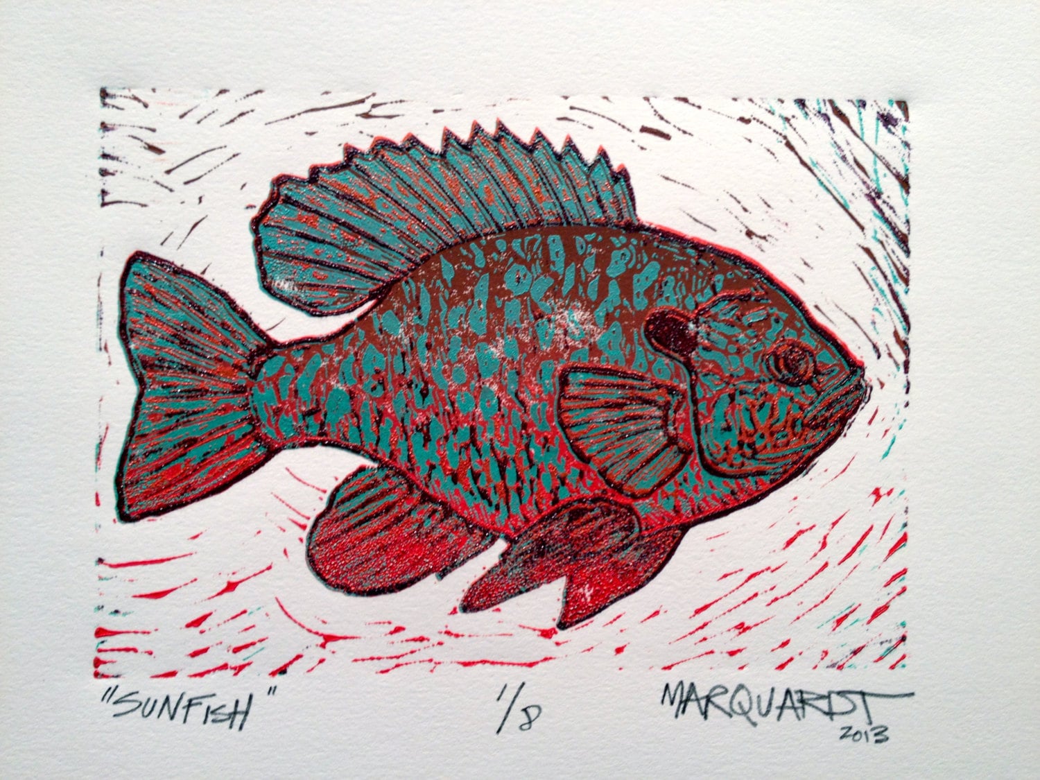 Sunfish reduction 5 color linocut print fly fishing artwork by