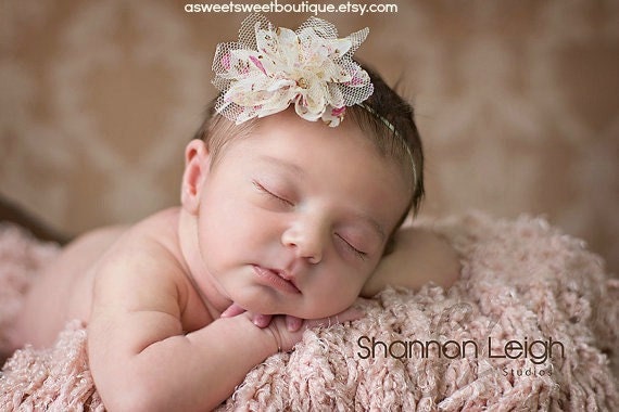 Newborn Headband Baby Headband Floral Print Chiffon And Tulle Rosette Headband Sweet Newborn Photo Prop