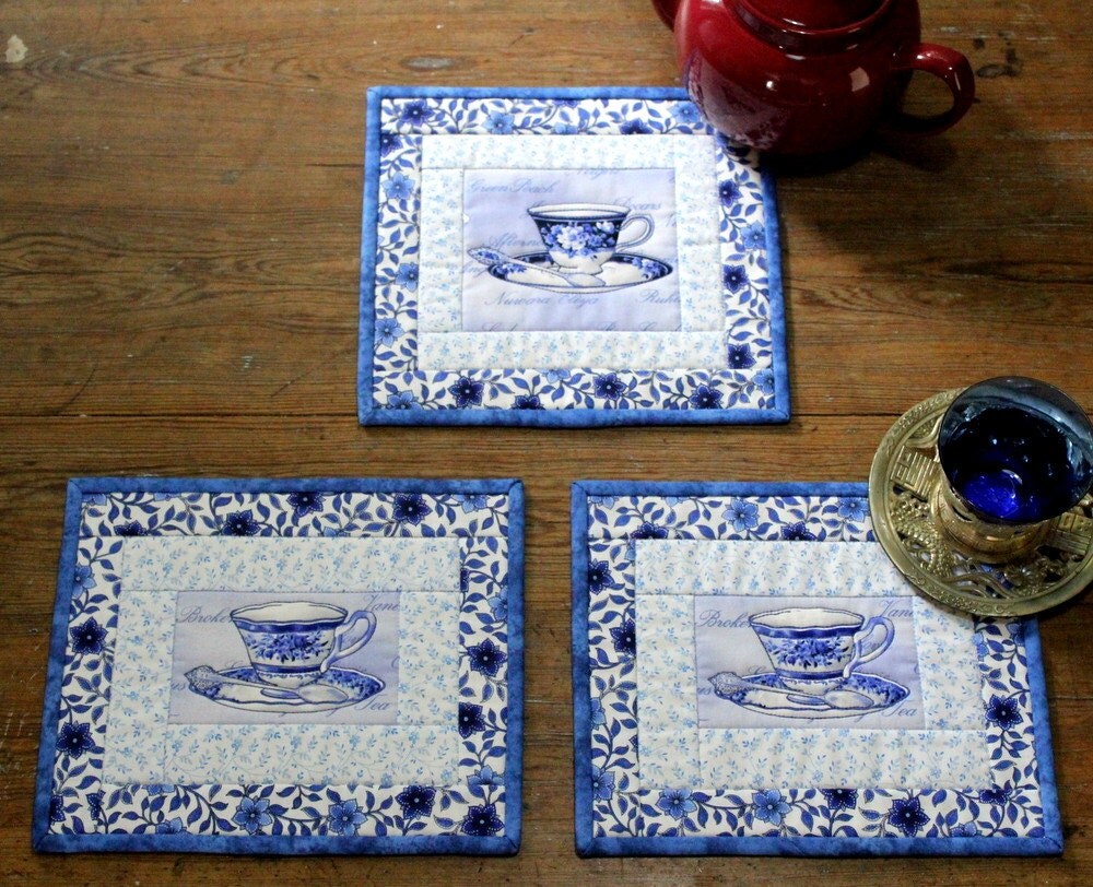 Charming Teacup Mug rug and Teapot mat in blue and white Set
