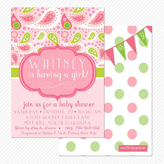 Pink and Green Paisley Baby Shower or Birthday Party Invitation ...