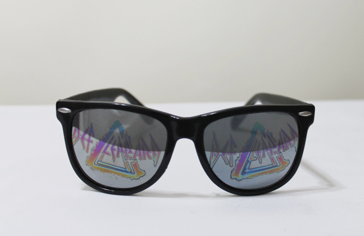 80s Wayfarer Sunglasses DEF LEPPARD NOS Mirrored Lenses Black