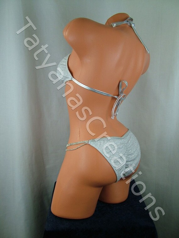 White Silver Glitter Front Cross Competition Bikini Suit D