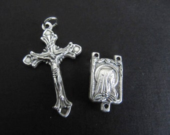 Small Italian Made Silver Rosary Crucifix and Matching Our Lady of Lourdes Centerpiece