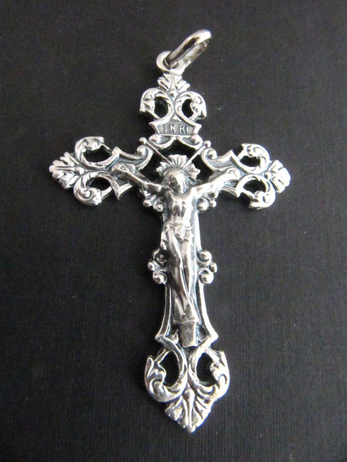 Large Ornate Silver Italian Made Fleur de Lis Rosary Crucifix