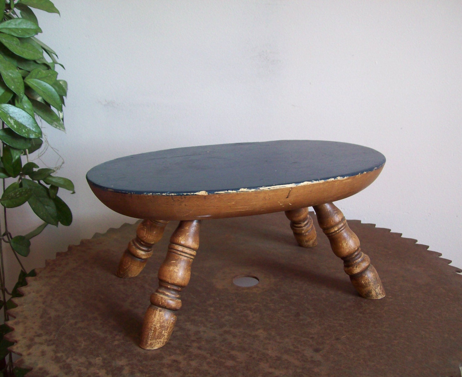 Vintage handmade wood stool oval stool deep blue paint Haute Juice