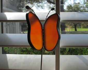 Stained Glass Orange and White Swirled Opalescent Butterfly Garden Plant Stake