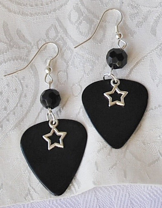 Guitar Pick Party Earrings Black with Silver by SweetRhymeDesigns