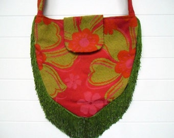 Hippie Bag Purse with Lime Green and Pink Chenille and Lime Green Fringe