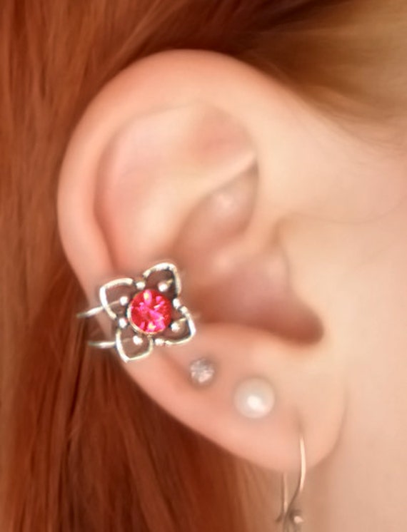 Ruby Flower Ear Cuff by ChasingLightDesigns on Etsy