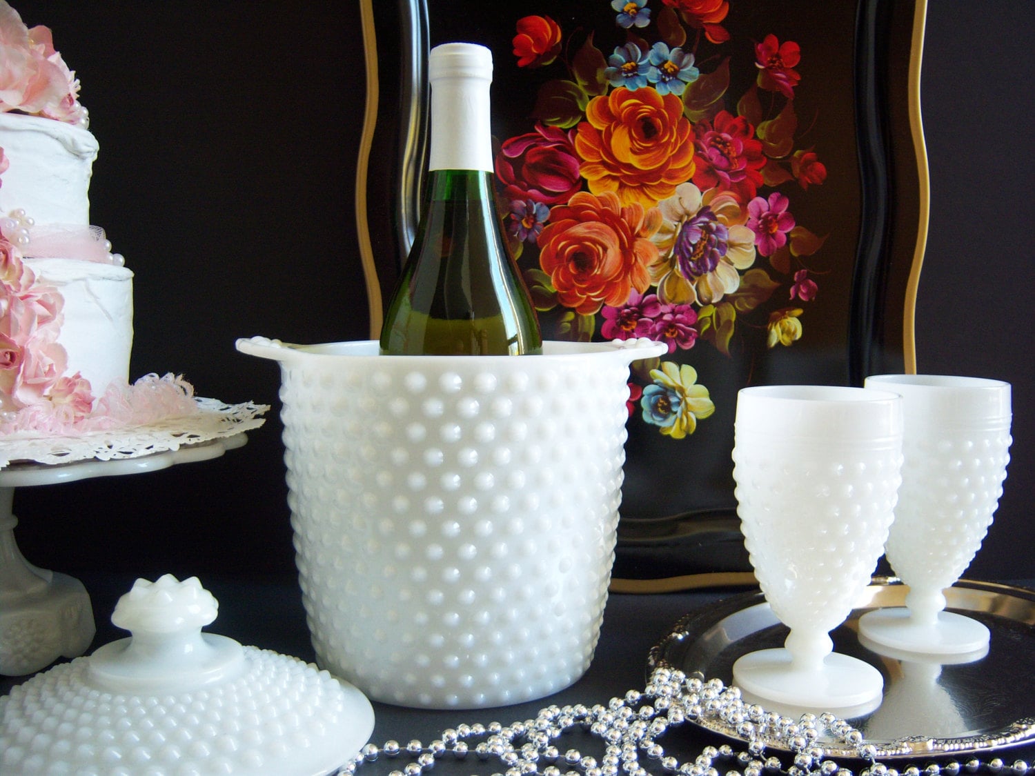 Fabulous Anchor Hocking Hobnail White Milk Glass Ice Bucket / Cookie
