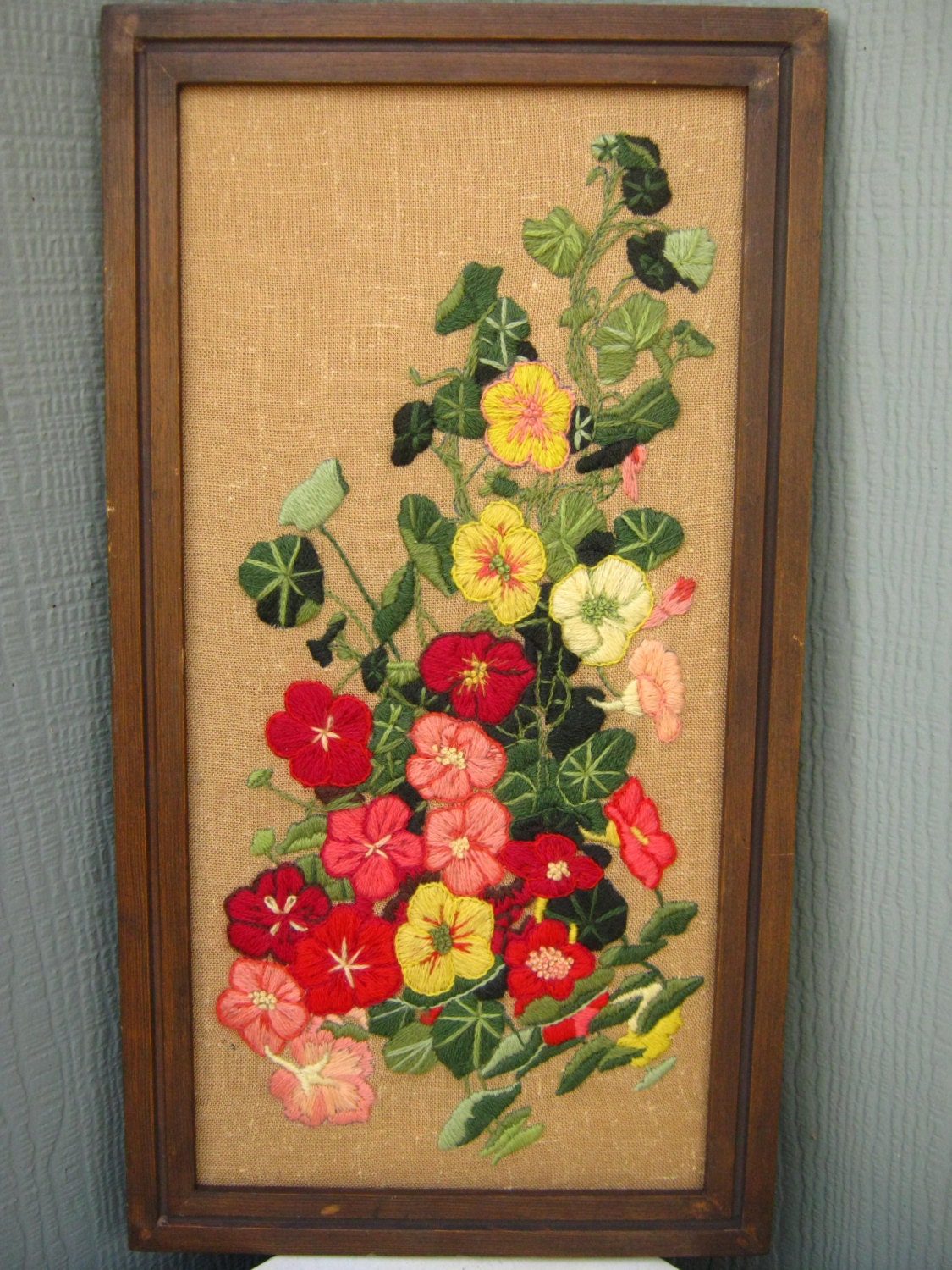 Crewel Needlework Flowers Vintage 1970s Crewel Needlework