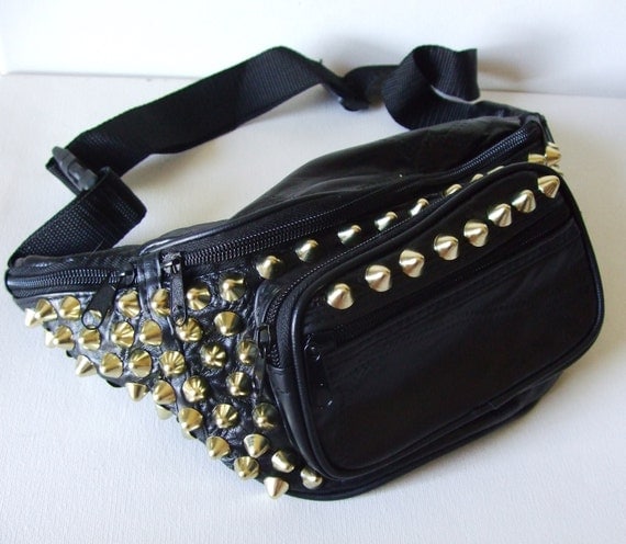 Studded Black Leather Fanny Pack The Destroyer GOLD Studs