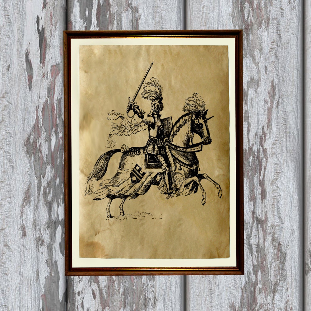 Medieval knight print Antiqued paper Vintage art Old looking