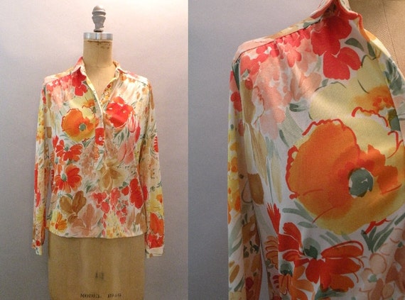 Vintage 1970s Floral Blouse Orange Pink Red Floral Blouse