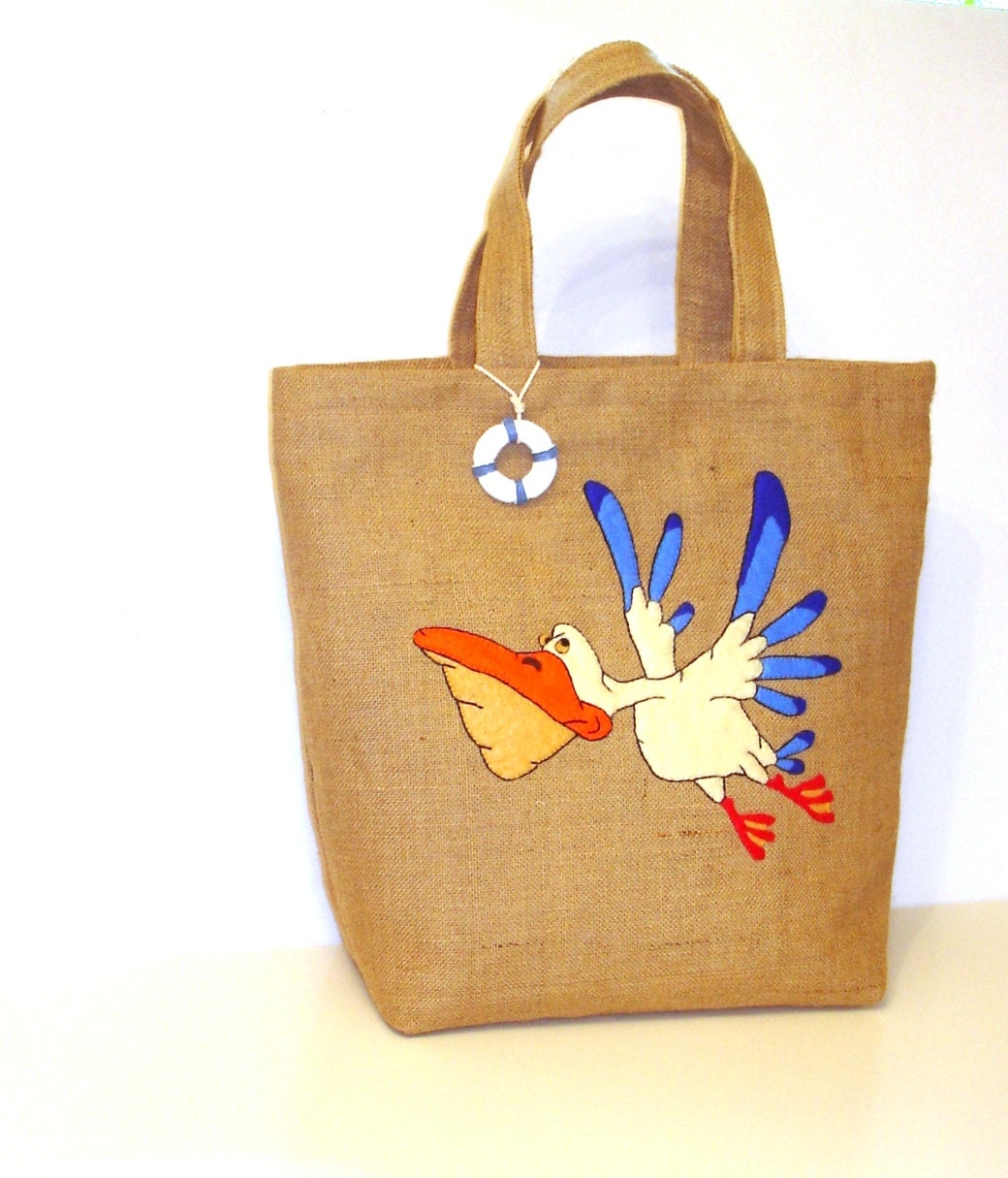 Flying pelican handmade summer tote bag jute tote by Apopsis