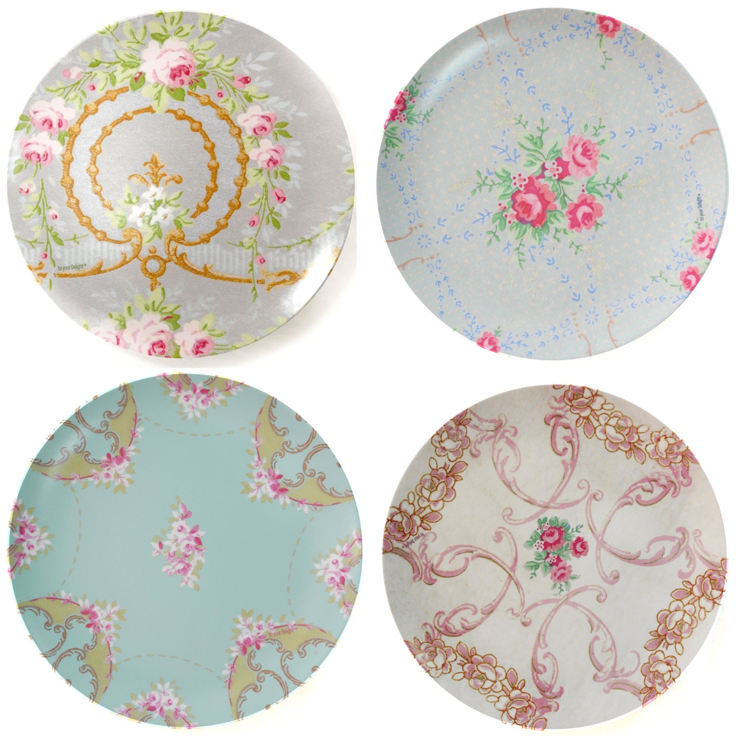 Shabby Chic Set of 4 Melamine Plate 10 inch