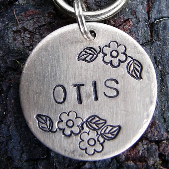 Pet Tag ID, Dog Tag, Custom Pet Tag, Flowers Hand Stamped Pet ID Tag, Floral Otis